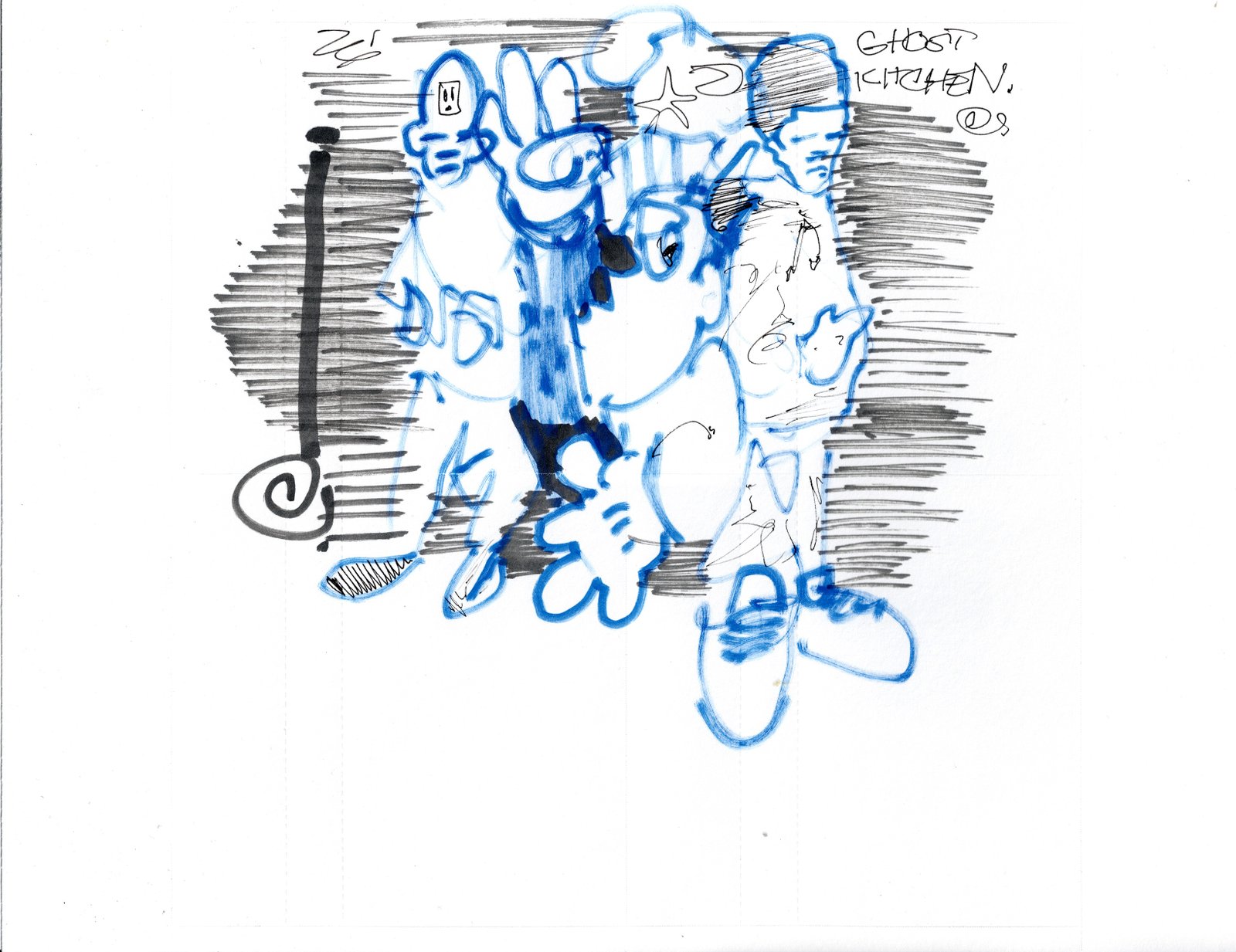 gh0stk1tchen original drawing: blue and black sketched figures on white paper, with handwritten lettering.